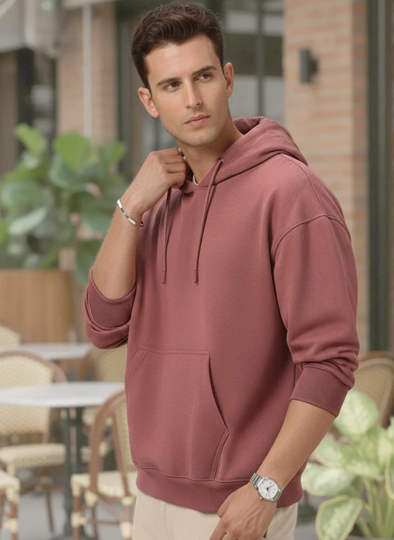 Urbano Fashion Men's Old Rose Cotton Solid Oversized Hooded Neck Sweatshirt